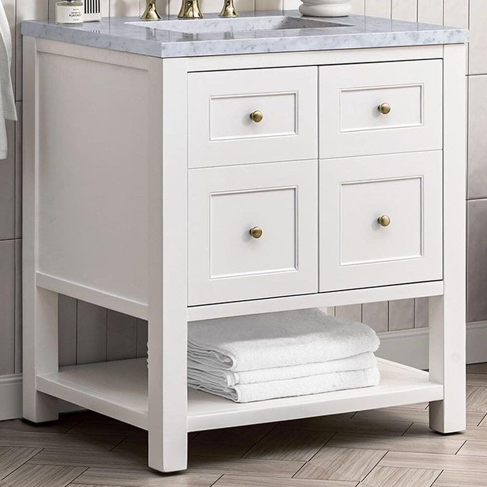 James Martin Vanities Breckenridge 30&quot; Single Bathroom Vanity in Bright White with 3 cm Carrara White Marble Top and Rectangular Sink, , large