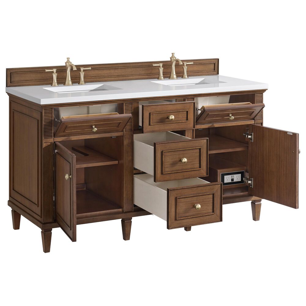 James Martin Vanities Lorelai 60&quot; Double Vanity in Mid-Century Walnut with 3 cm White Zeus Quartz Top, , large