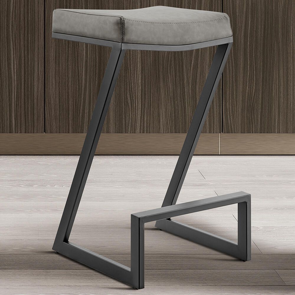 Blue River Atlantis 26&quot; Backless Counter Stool with Matte Black Iron and Vintage Gray Faux Leather, , large