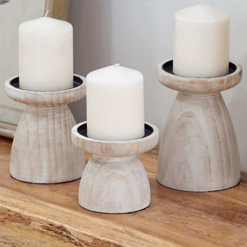Maple and Jade 6&quot; Coastal Candle Holder in Brown and White Washed &#40;Set of 3&#41;, , large