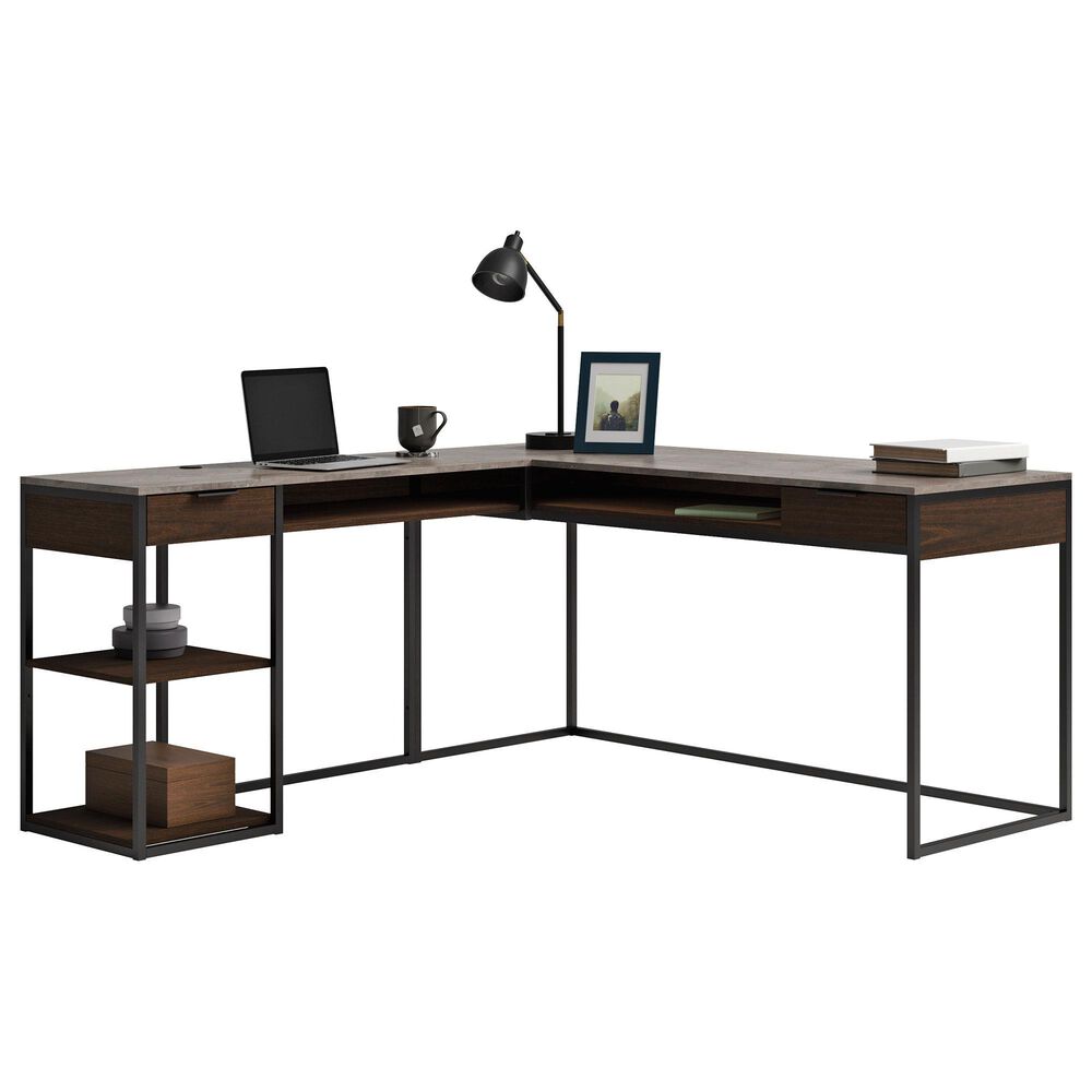 Hearth and Haven 2-Drawer L-Shaped Desk in Brown and Grey, , large