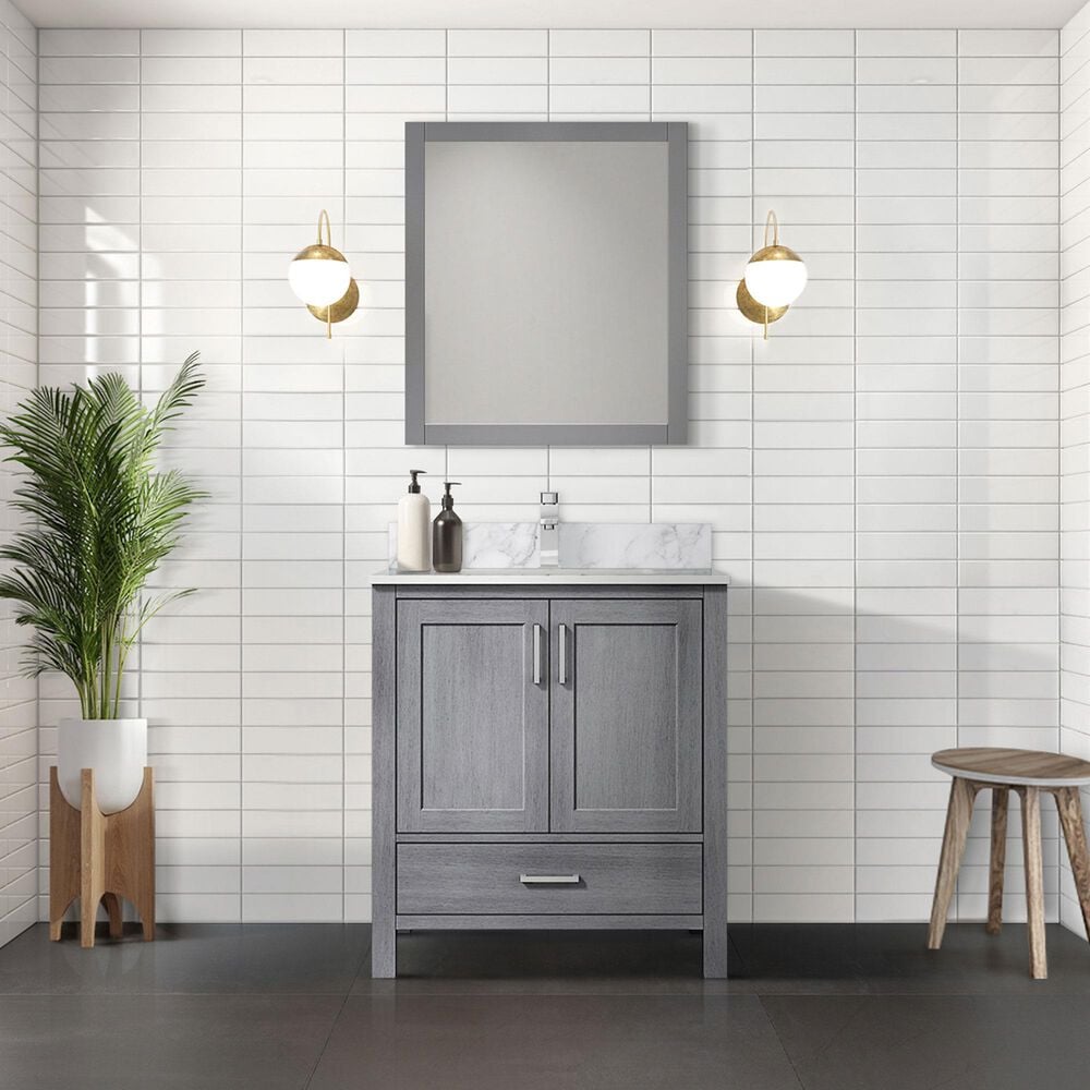 Lexora Home Jacques 30&quot; Single Bathroom Vanity in Distressed Grey with 2 cm White Carrara Marble Top and Rectangular Sink, , large