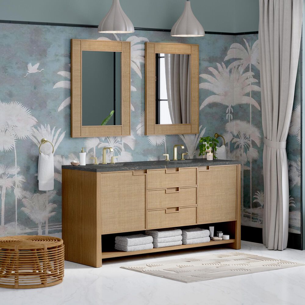 James Martin Vanities Solene 72&quot; Double Bathroom Vanity in Seaside Oak with 3 cm Parisien Bleu Quartz Top and Rectangular Sinks, , large