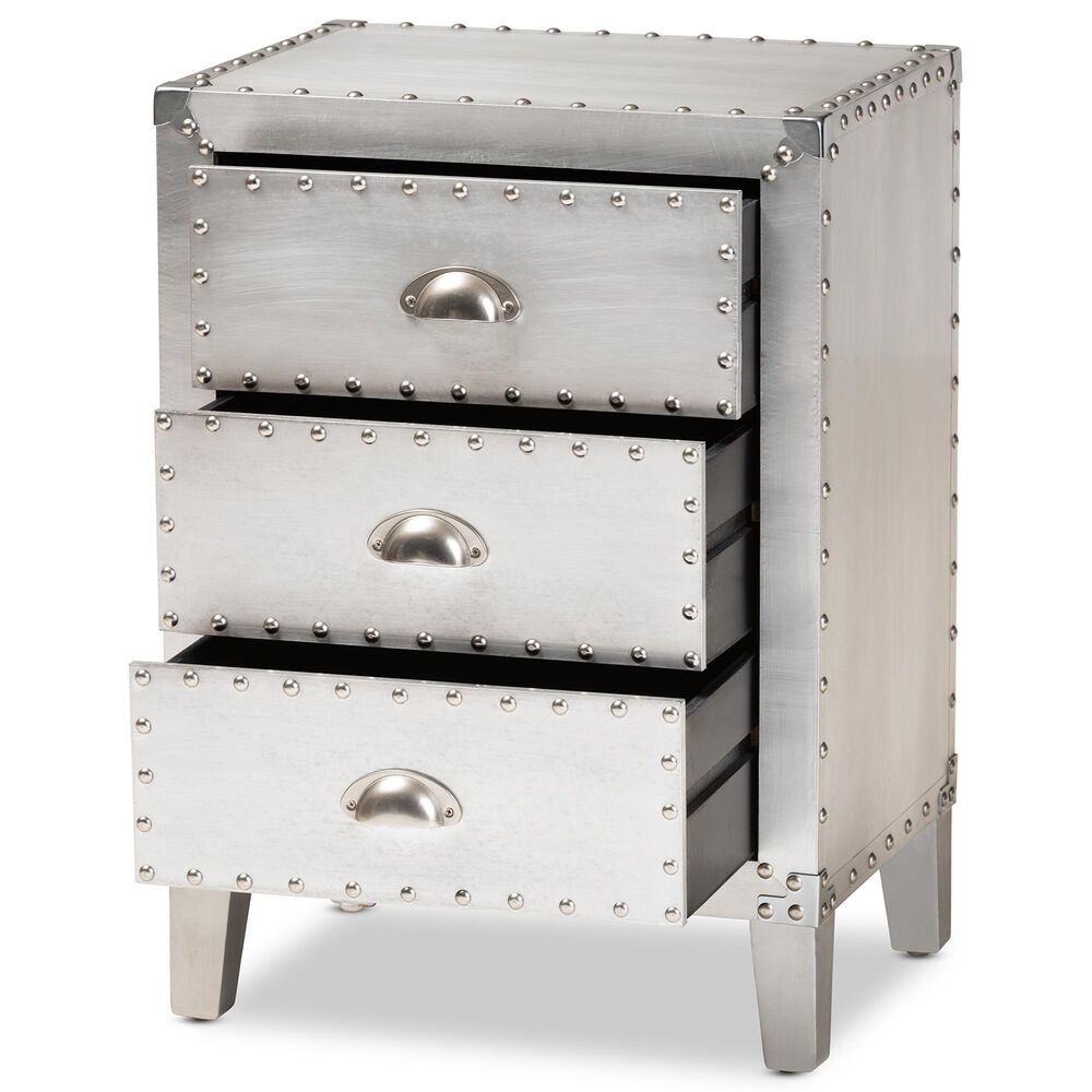 Baxton Studio Claude 3-Drawer Nightstand in Silver, , large