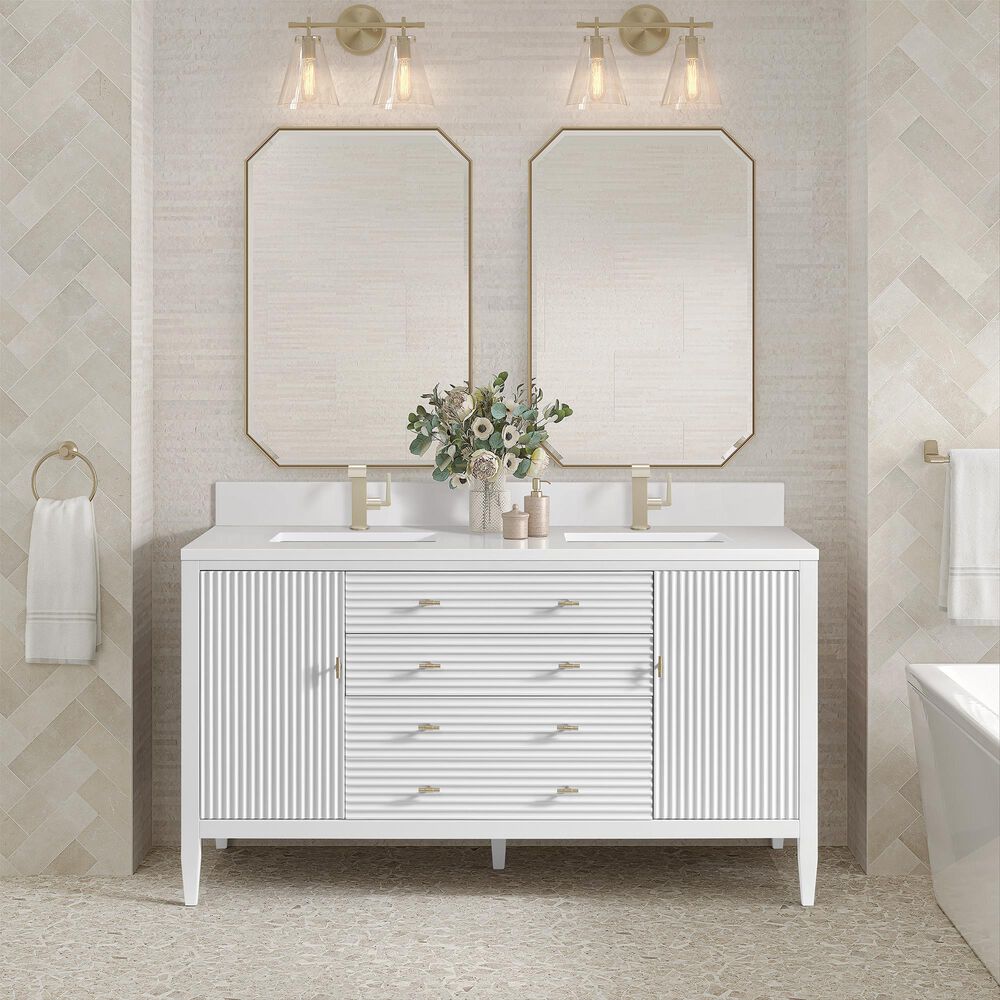 James Martin Vanities Myrrin 60&quot; Double Vanity in Bright White with Single Hole and 3 cm White Zeus Quartz Top &amp; Backsplash, , large