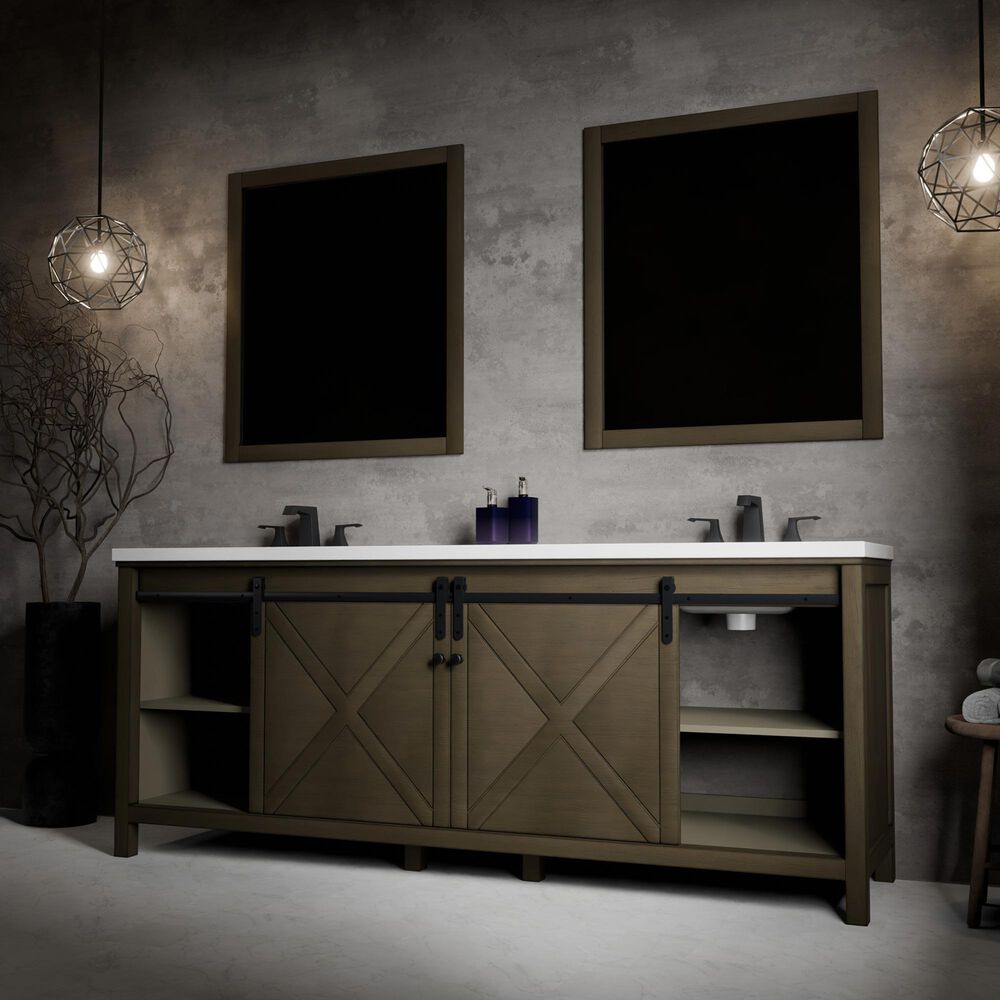 Lexora Home Marsyas 84&quot; Double Bathroom Vanity in Rustic Brown with White Quartz Top and Rectangular Sinks, , large