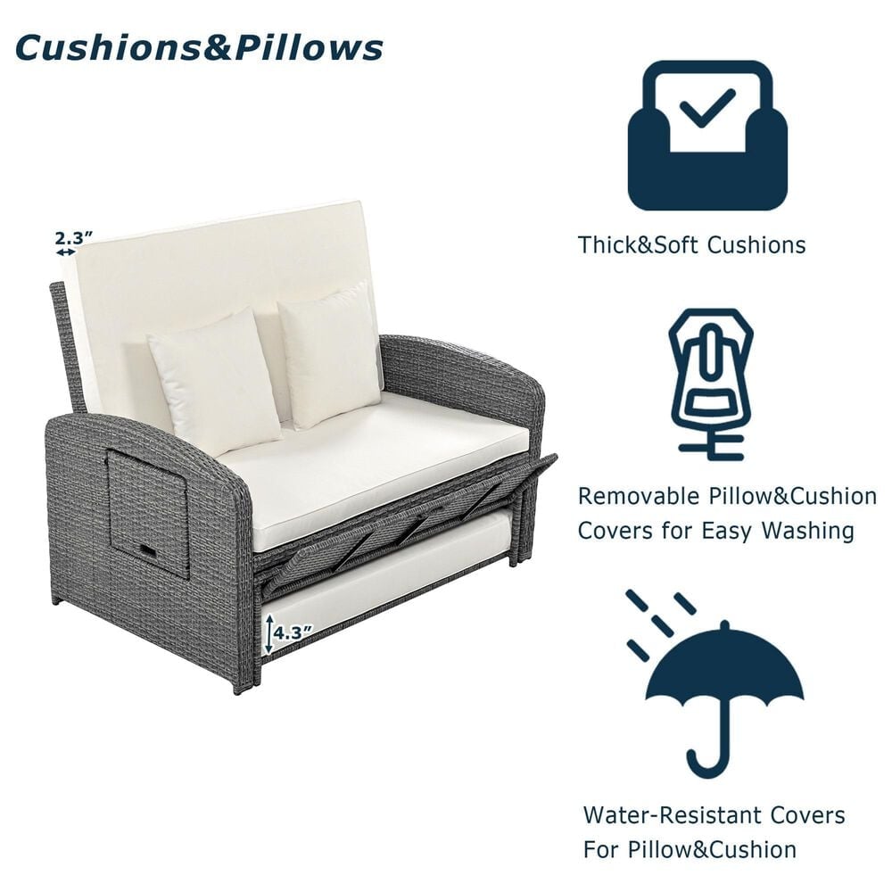 HOMLUX Wicker Rattan Double Chaise Lounge in White, , large