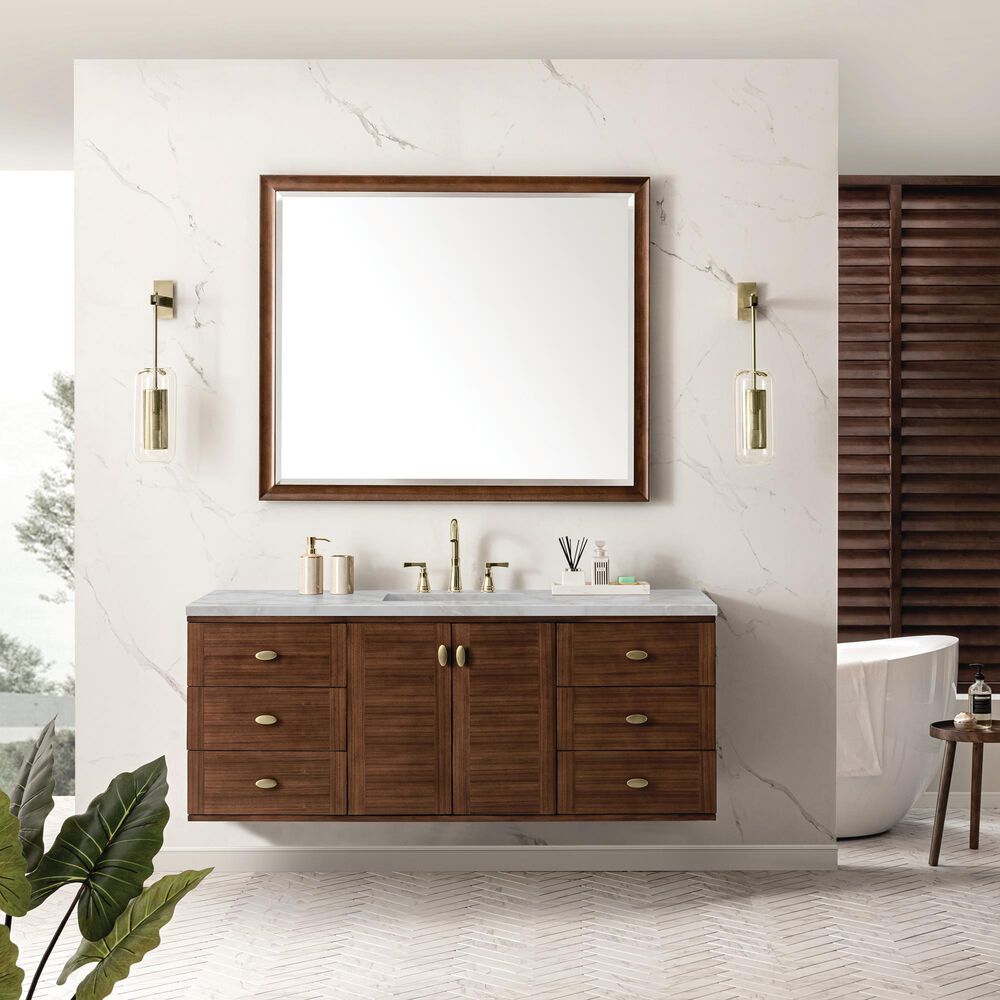 James Martin Vanities Amberly 60&quot; Single Bathroom Vanity in Mid-Century Walnut with 3 cm Victorian Silver Quartz Top and Rectangular Sink, , large