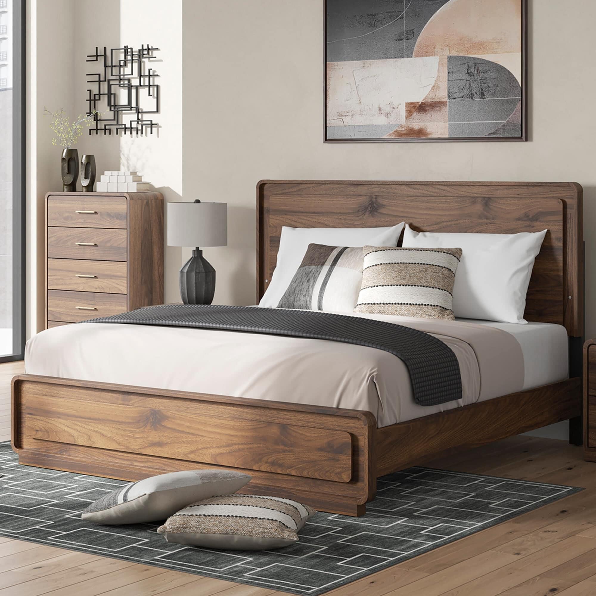 Ashley Fortlorn King Platform Bed in Walnut Brown with LED Light