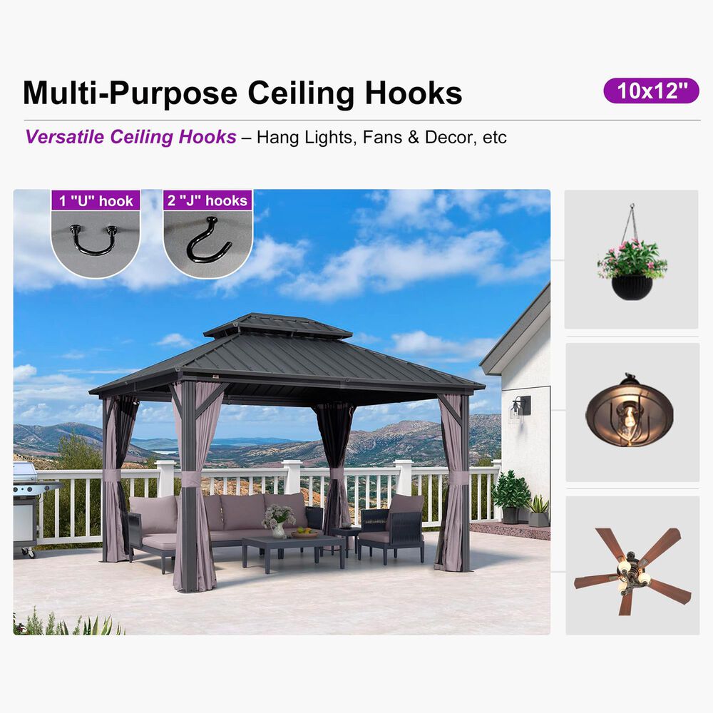HOMLUX 10' x 12' Outdoor Hardtop Gazebo with Galvanized Steel Roof, Netting, and Curtains Gray, , large