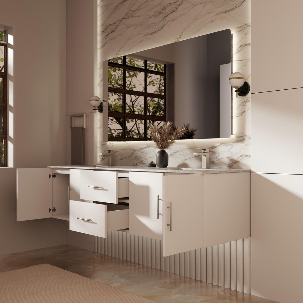 Lexora Home Geneva 72&quot; Double Bathroom Vanity in Glossy White with 2 cm White Carrara Marble Top and Rectangular Sinks, , large