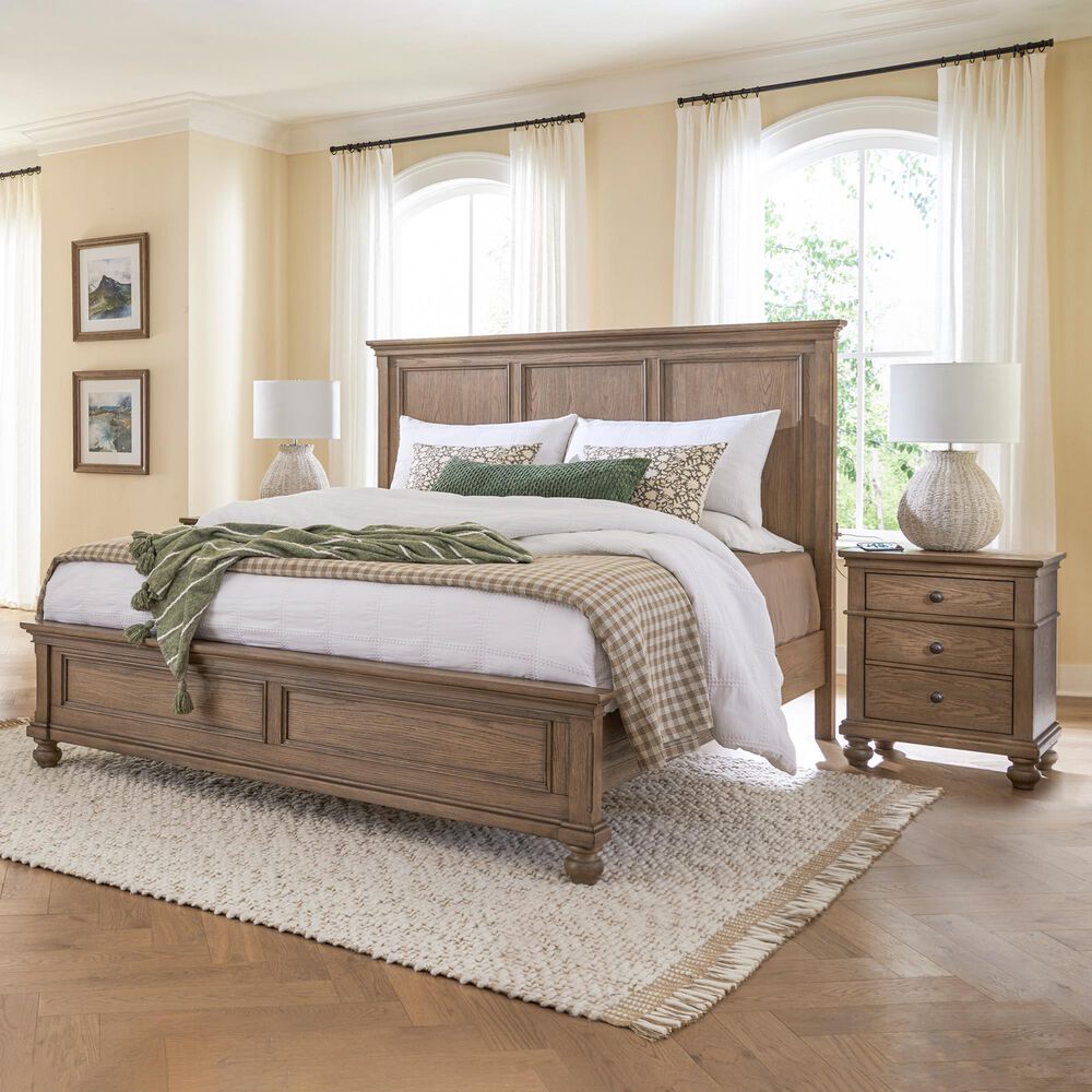 Riva Ridge Oxford Queen Panel Bed with Two Nightstands in Tan with USB Ports, , large
