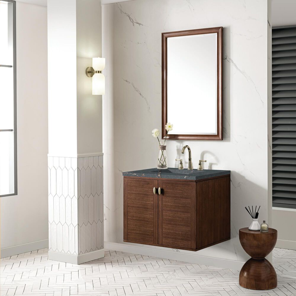 James Martin Vanities Amberly 30&quot; Single Bathroom Vanity in Mid-Century Walnut with 3 cm Parisien Bleu Quartz Top and Rectangular Sink, , large