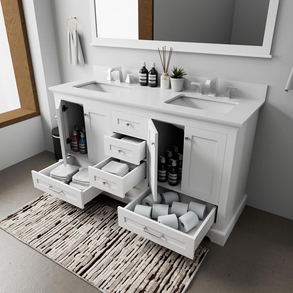 Lexora Home Dukes 60&quot; Double Bathroom Vanity in White with 2 cm White Quartz Top and Rectangular Sinks, , large