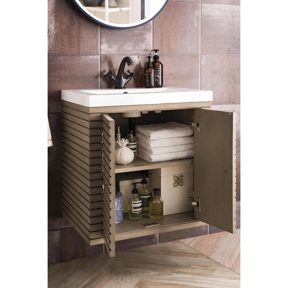 James Martin Vanities Linden 24&quot; Single Bathroom Vanity in Whitewashed Walnut with 5 cm White Glossy Resin Top and Rectangular Sink, , large