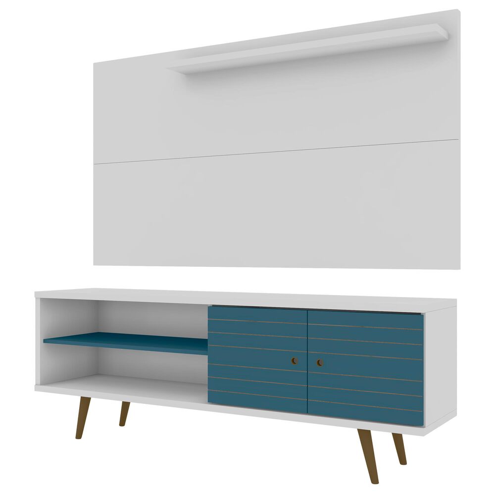 Manhattan Liberty 62.99" TV Stand and Panel in White and Aqua Blue, , large