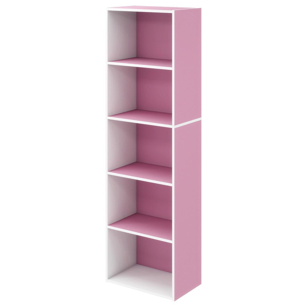 HOMLUX 5-Tier Reversible Bookshelf with Decorative Open Shelves in White and Pink, , large