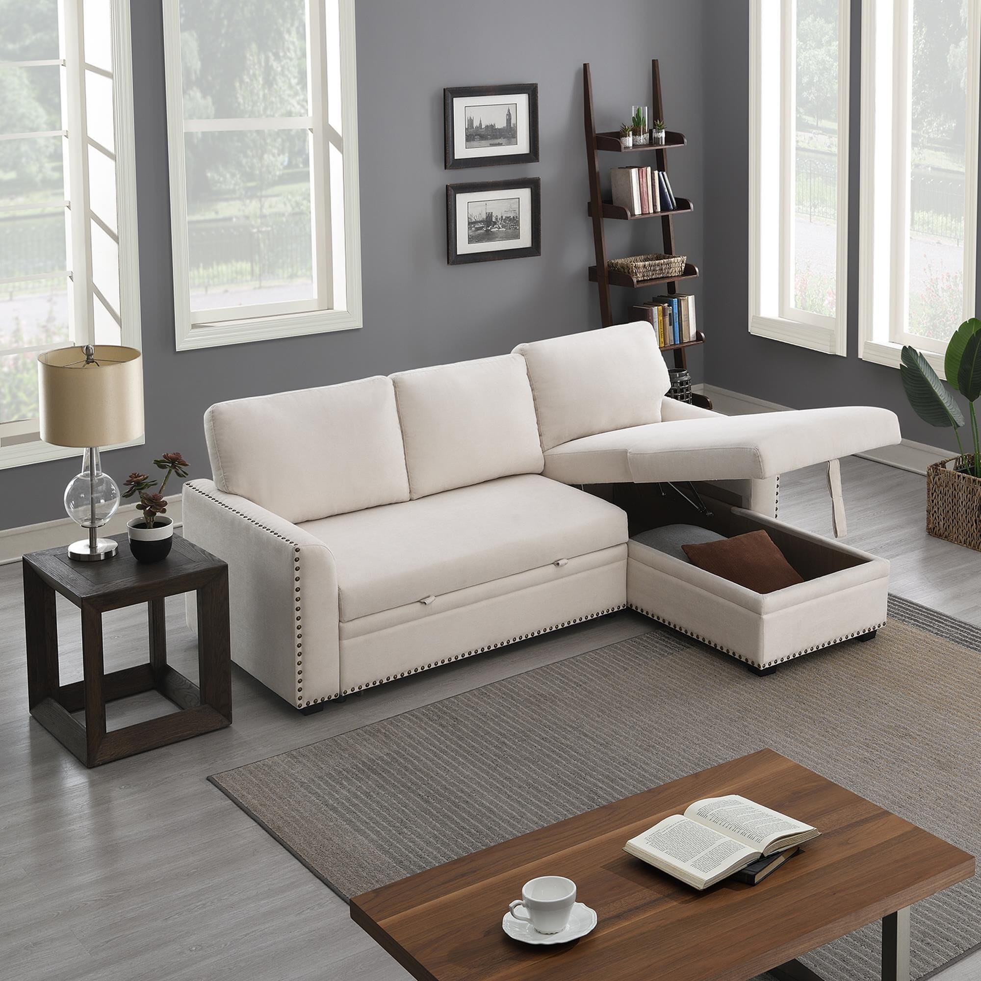 Morden Fort 2 Piece Storage Sleeper Sectional in White Velvet NFM