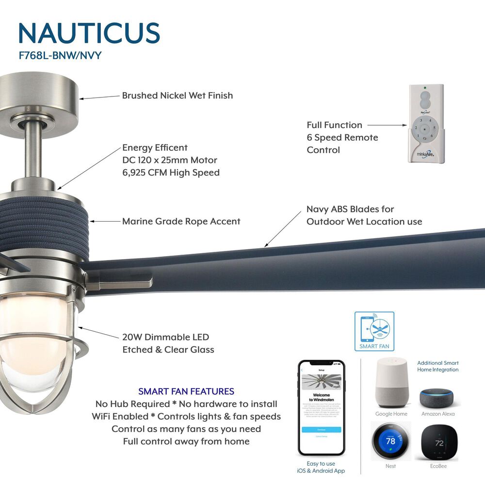 Minka-Aire Nauticus 65" Smart Indoor/Outdoor Ceiling Fan with Distressed Koa Blades in Brushed Nickel Wet, , large