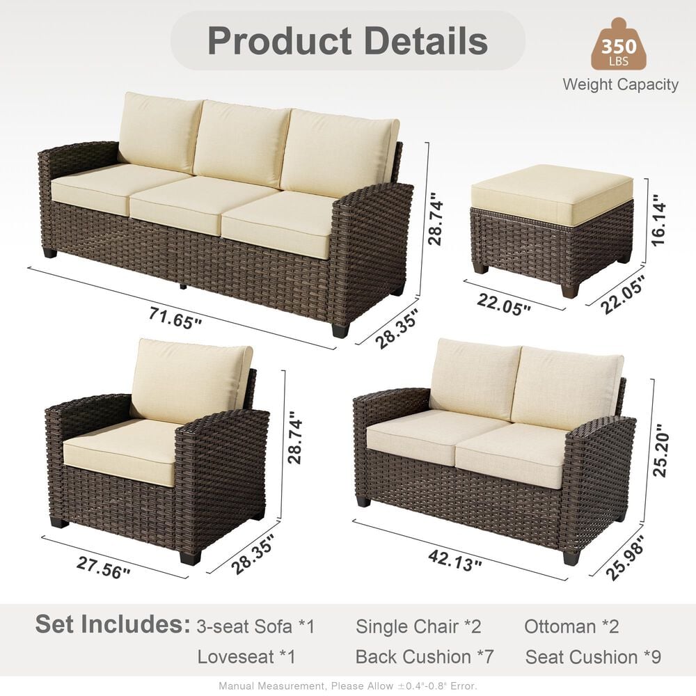 HOMLUX 6-Piece Patio Conversation Set with Loveseat and Light Brown Wicker in Beige, , large