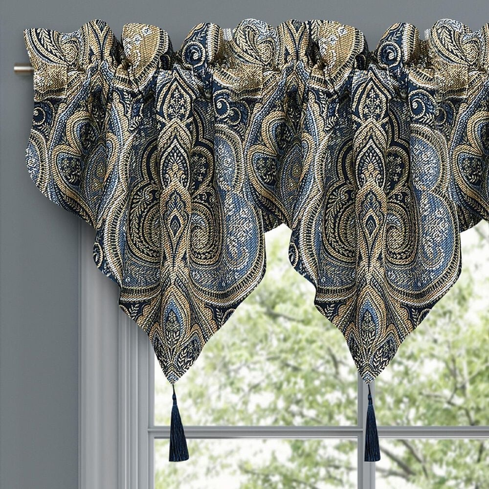 J. Queen New York Messina 40&quot; x 21&quot; Window Ascot Valance in Navy Blue and Gold, , large