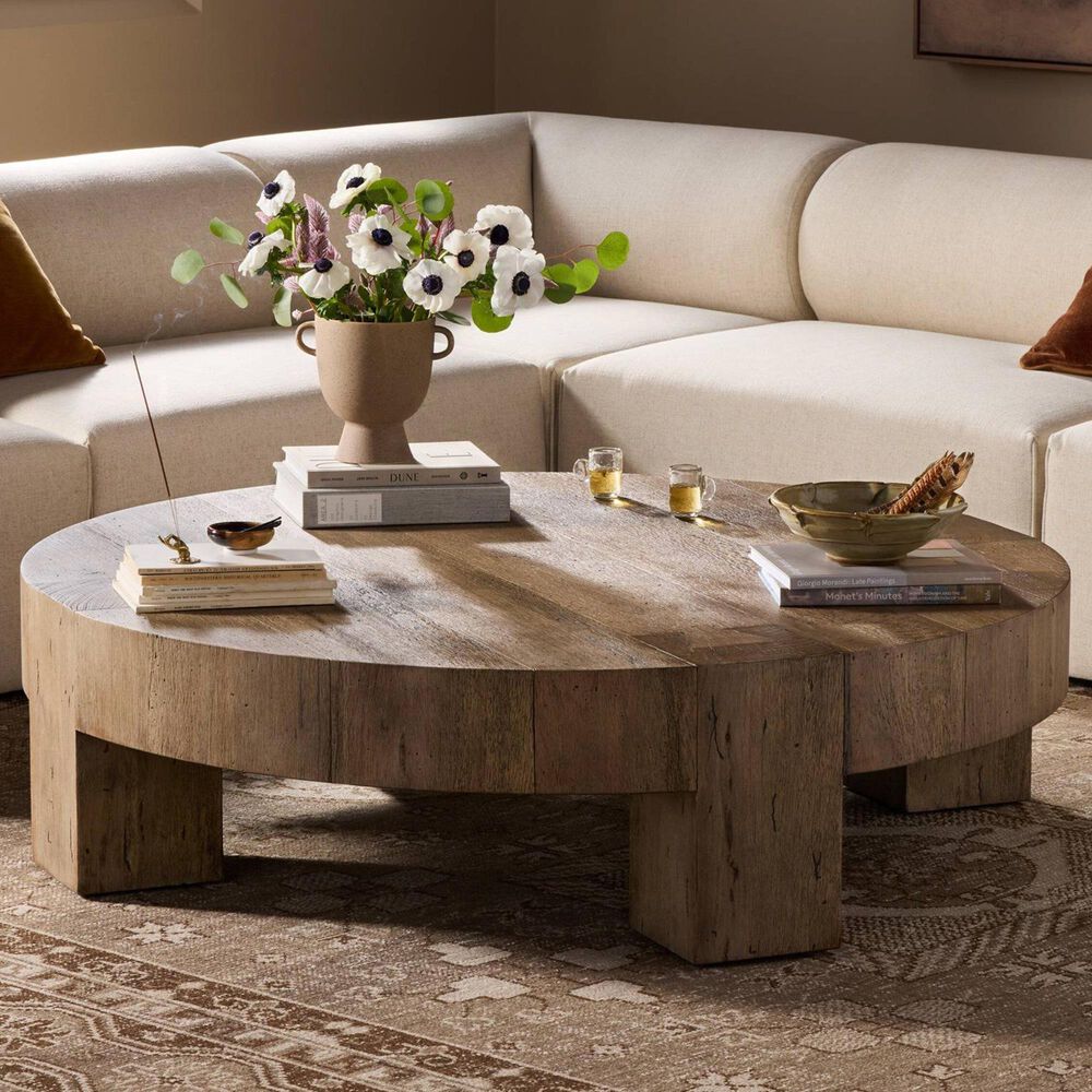 Four Hands Abaso Round Coffee Table in Rustic Wormwood Oak, , large