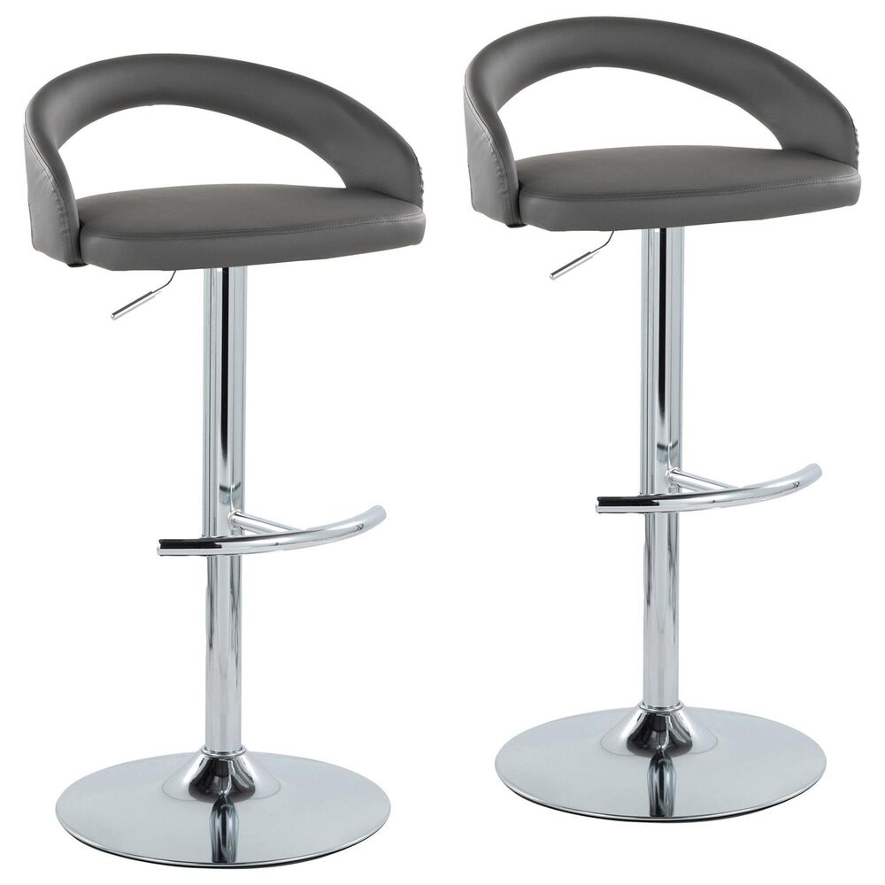 LumiSource Grotto Swivel Adjustable Bar Stool with Grey Faux Leather Upholstery in Chrome (Set of 2), , large