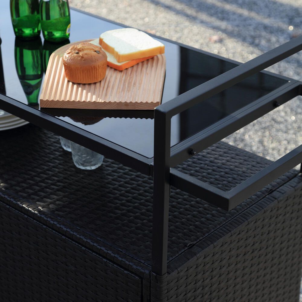 Hearth and Haven Patio Bar Cart with Glass Top and Storage Cabinet in Black, , large