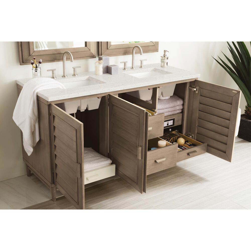 James Martin Vanities Portland 60&quot; Double Bathroom Vanity in Whitewashed Walnut with 3 cm Lime Delight Quartz Top and Rectangular Sinks, , large
