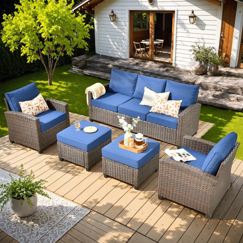 HOMLUX 5-Piece Patio Conversation Set with Brown Wicker in Navy Blue, , large