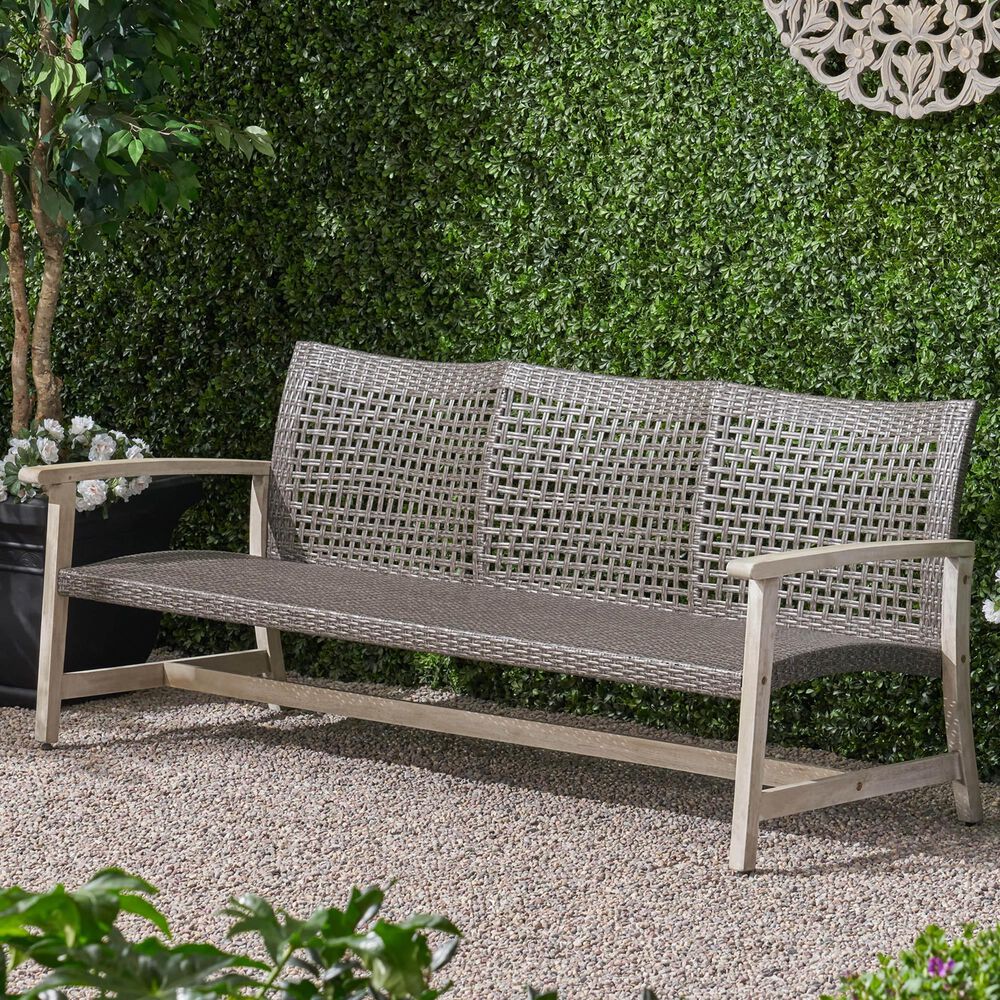 Hearth and Haven Outdoor Wicker Sofa with Wooden Frame in Grey, , large