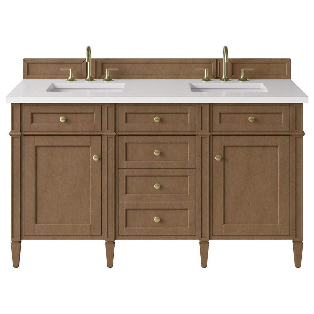 James Martin Brittany 60" Double Bathroom Vanity in Pecan with 3 cm White Zeus Silestone Top and Rectangular Sinks, , large