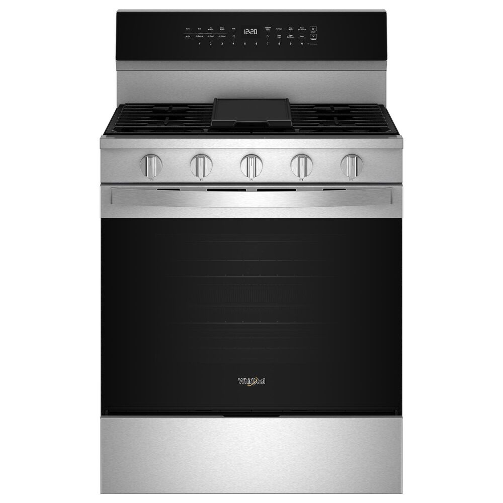 Whirlpool 2pc Kitchen Package with 30-inch Smart Gas Range with Air Cooking Technology, No Preheat Air Fry, Steam/Self Clean and High Speed Preheat and 1.1 Cu. Ft. Flush Mount Microwave with Turntable-Free Design in Stainless Steel, , large