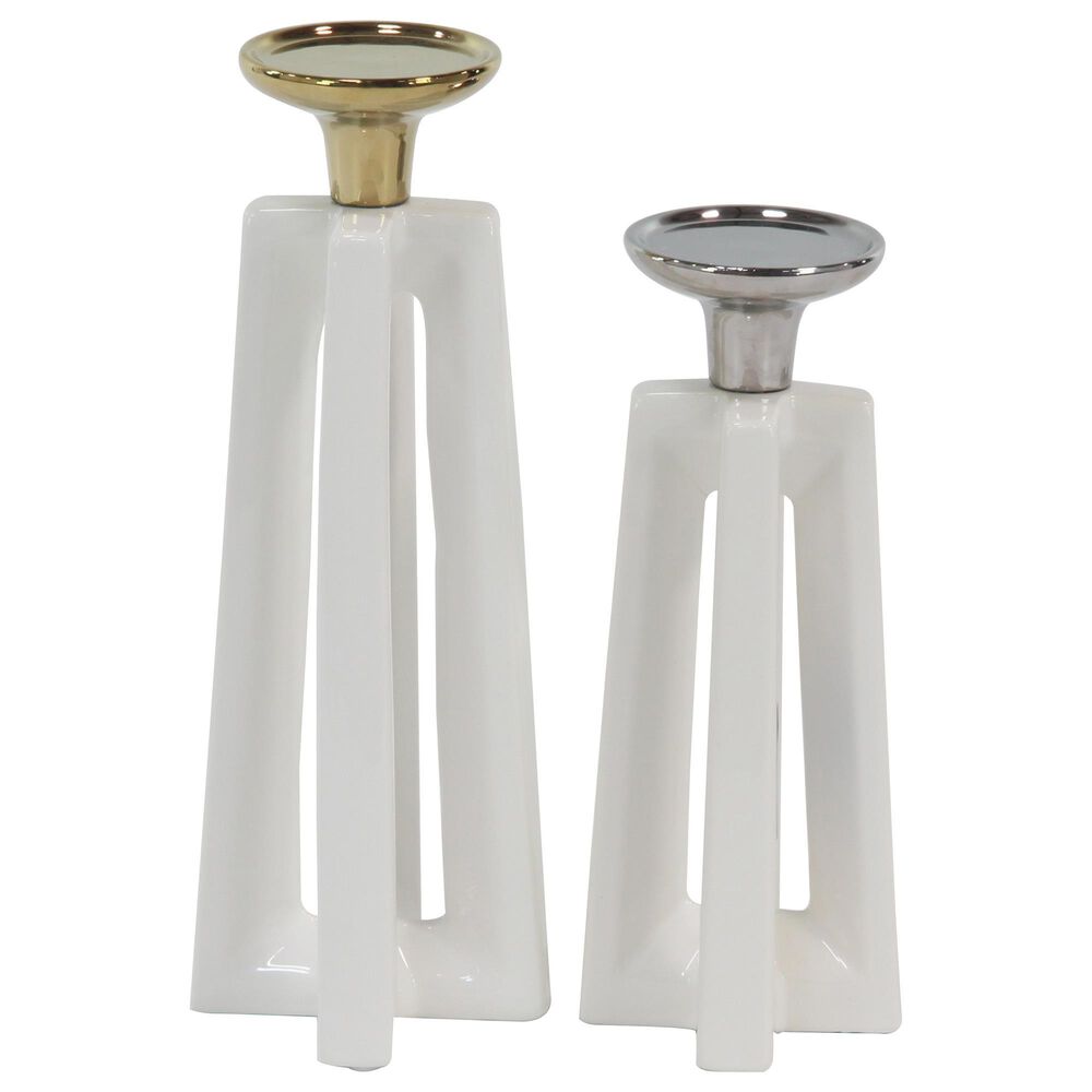 Maple and Jade Modern Ceramic Candle Holder in White and Gold (Set of 2), , large