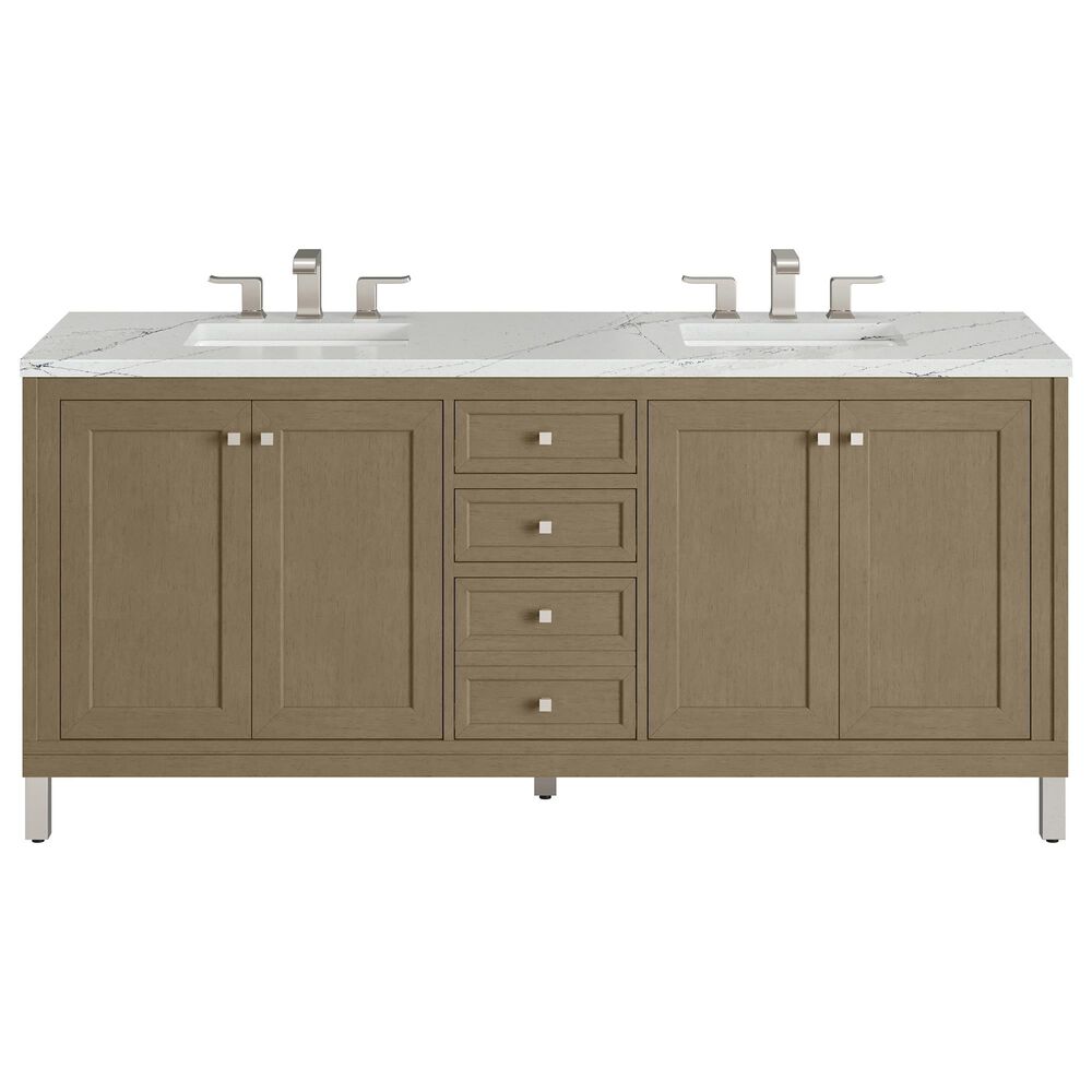 James Martin Vanities Chicago 72" Double Bathroom Vanity in Walnut Whisper with 3 cm Ethereal Noctis Quartz Top, Rectangular Sinks and FreePower Wireless Charger, , large