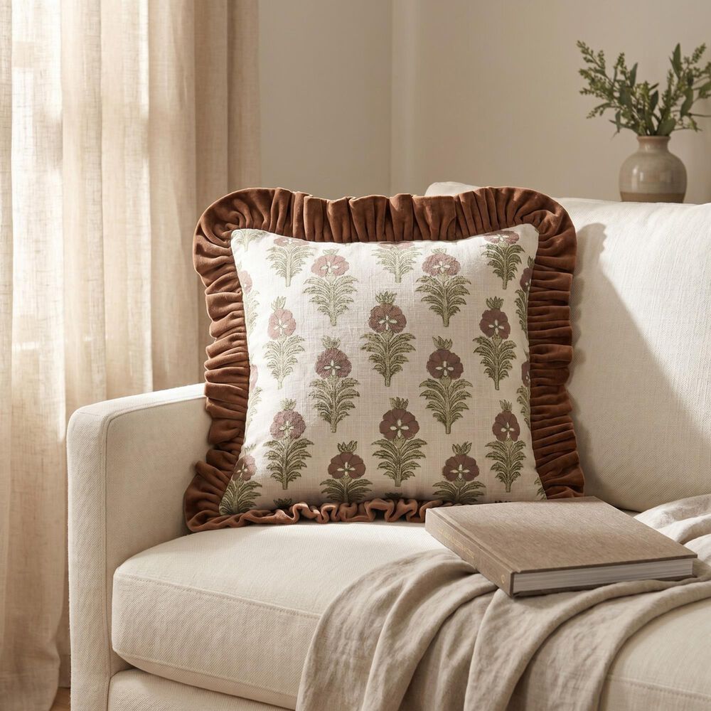 Creative Coop Cozy 18" Square Floral Throw Pillow with Mustard Velvet Ruffle in Olive Green, Deep Brown and Ivory, , large