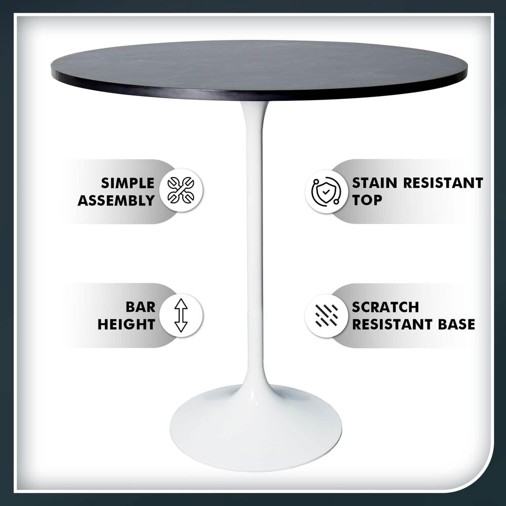 Leisuremod LeisureMod Verve Collection Modern Bar Height Table White Base with 36 Round Black Marbelized Sintered Stone Top, , large