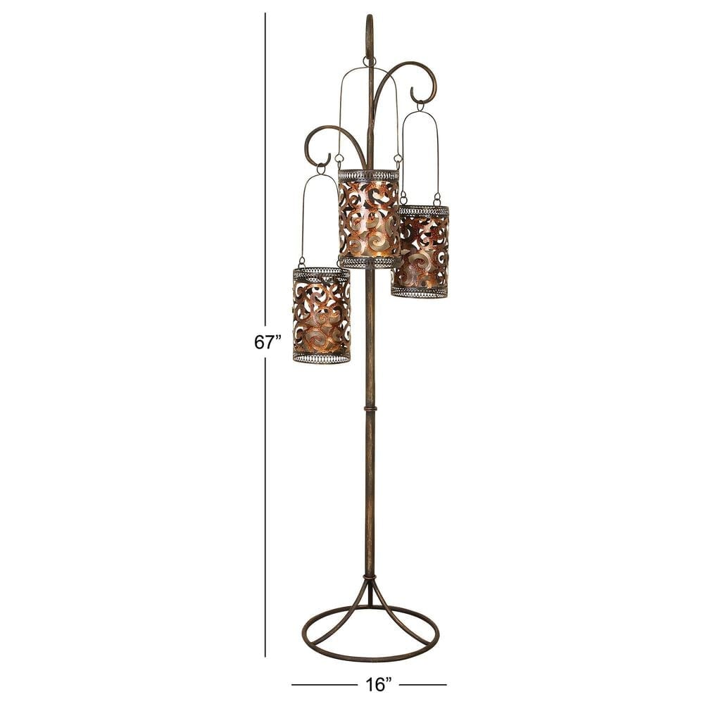 Maple and Jade Perforated Moroccan Standing Floor Scroll Candle Lantern with 3 Suspended Holders in Brass, , large
