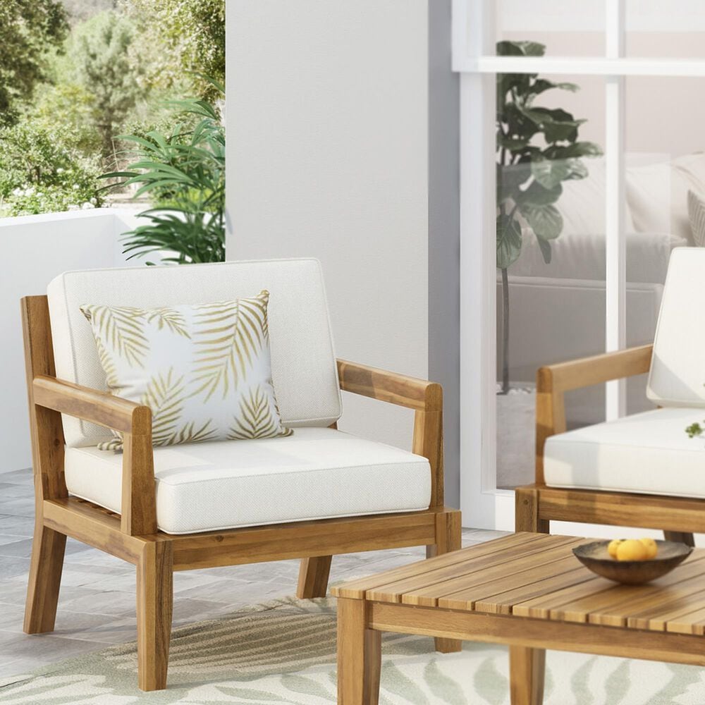 Hearth and Haven Outdoor Wood Club Chair with Beige Cushion in Teak, , large