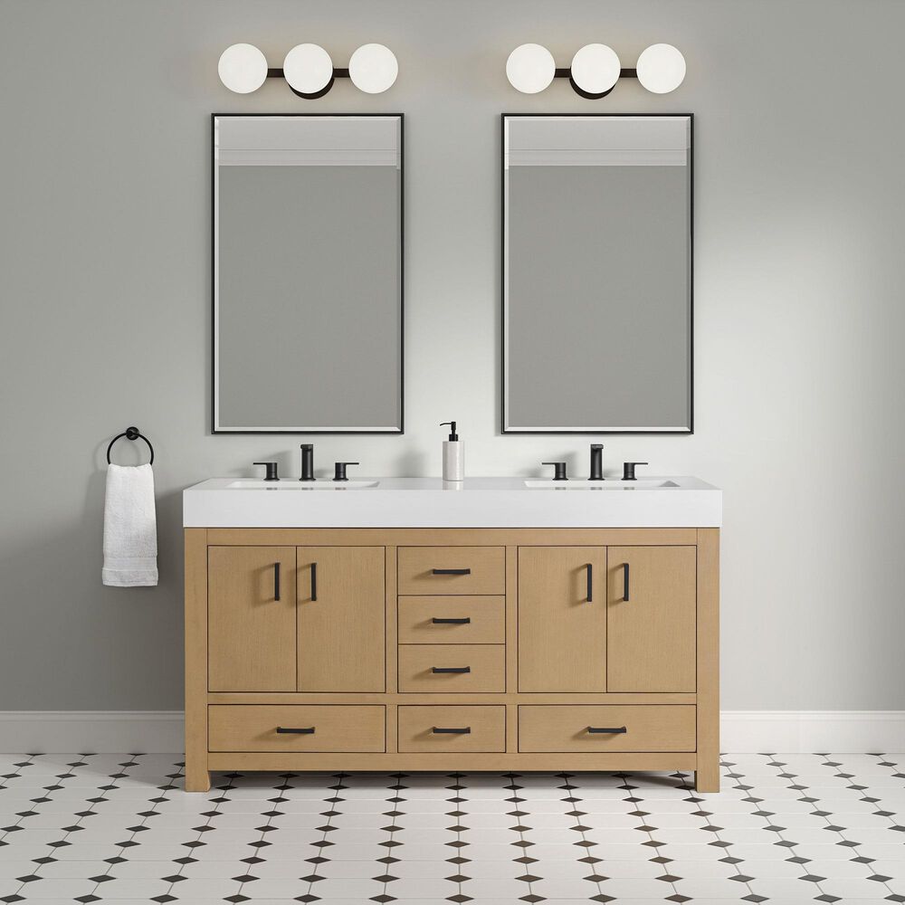 37B Alanya 60" Double Bathroom Vanity in Warm Oak with White Composite Stone Top, , large