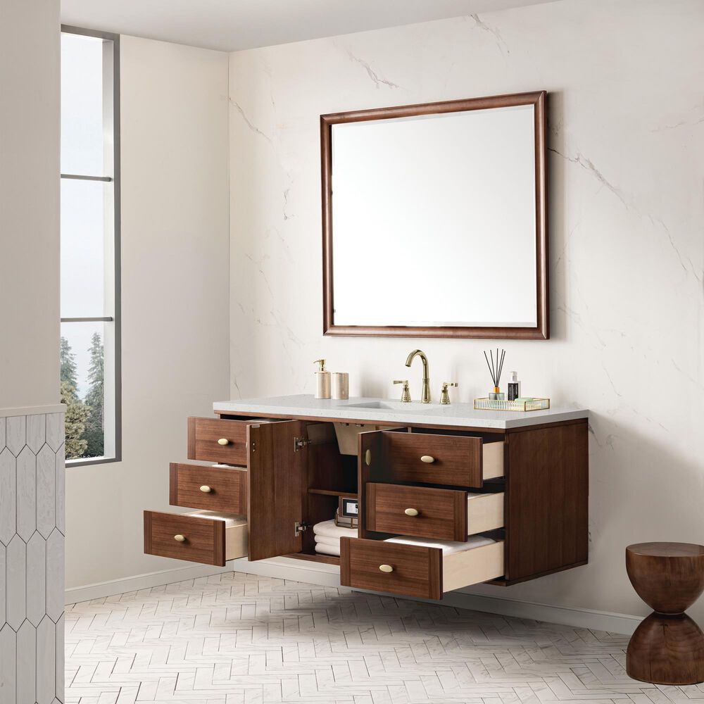James Martin Vanities Amberly 60&quot; Single Bathroom Vanity in Mid-Century Walnut with 3 cm Lime Delight Quartz Top and Rectangular Sink, , large