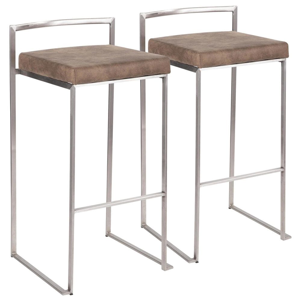 LumiSource Fuji 30" Stacker Bar Stool with Brown Cowboy Upholstery in Stainless Steel (Set of 2), , large