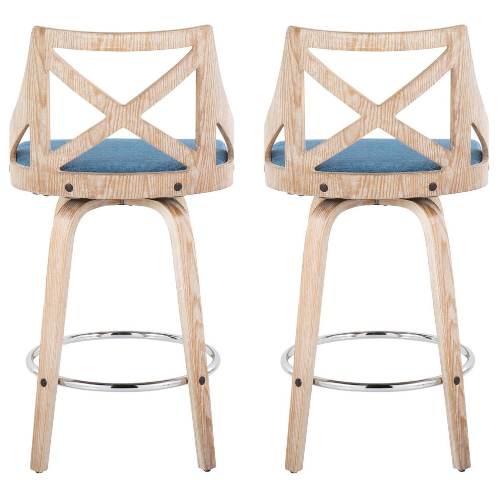 LumiSource Charlotte Swivel Counter Stool with Blue Fabric Upholstery in Whitewashed and Chrome (Set of 2), , large
