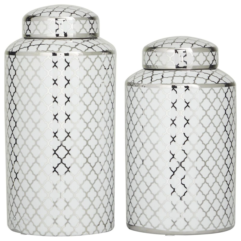 Maple and Jade 2-Piece Jar Set with Geometric Accents in Glossy Silver and White, , large