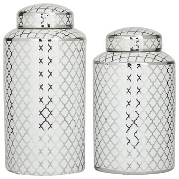 Maple and Jade 2-Piece Jar Set with Geometric Accents in Glossy Silver and White, , large