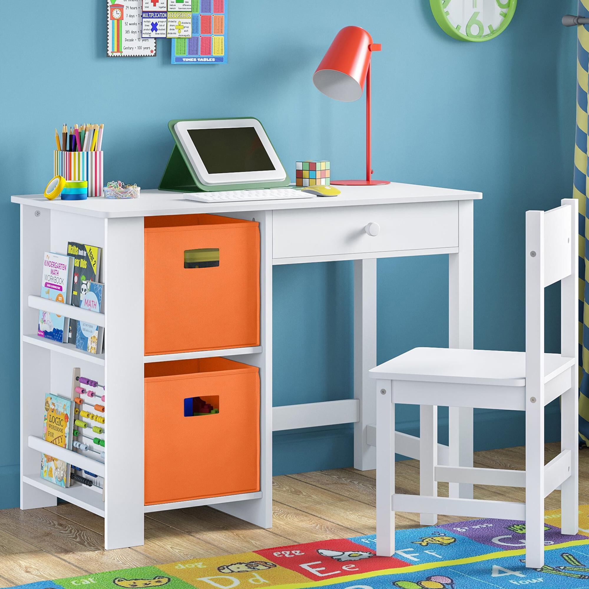 RiverRidge Home 2 Piece Kid Desk and Chair Set with Cubbies and Bookracks in White NFM