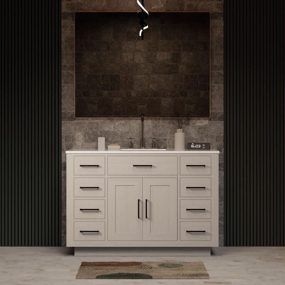 Lexora Home Abbey 48" Single Bathroom Vanity in White Oak with 2 cm White Quartz Top and Rectangular Sink, , large