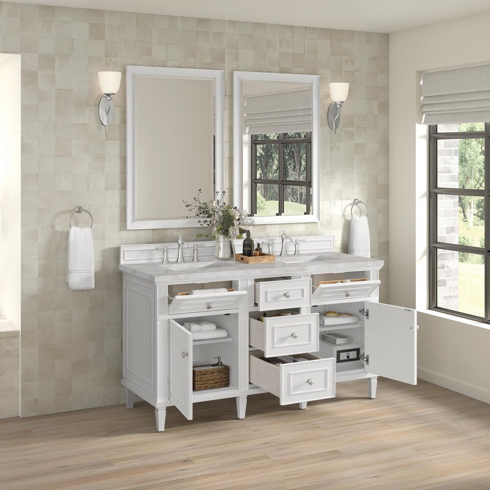 James Martin Vanities Lorelai 60" Double Bathroom Vanity in Bright White with 3 cm Ethereal Noctis Silestone Top, Rectangular Sinks and FreePower Wireless Charger, , large
