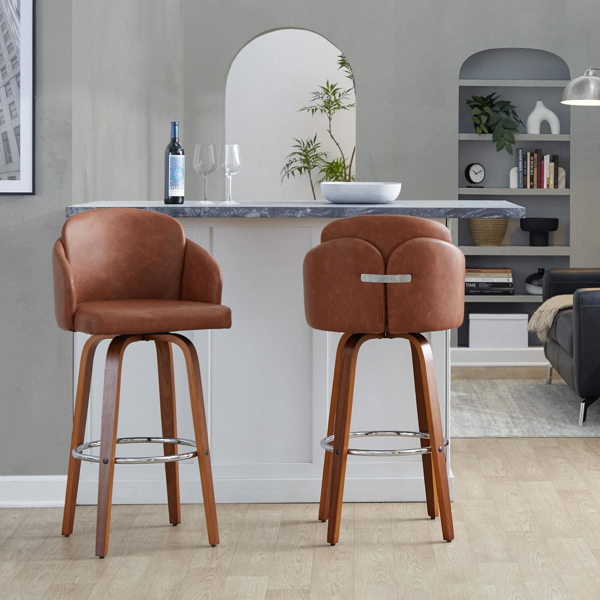 LumiSource Dahlia Swivel Bar Stool with Camel Upholstery in Walnut
