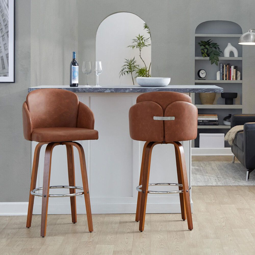 LumiSource Dahlia Swivel Bar Stool with Camel Upholstery in Walnut and Chrome (Set of 2), , large
